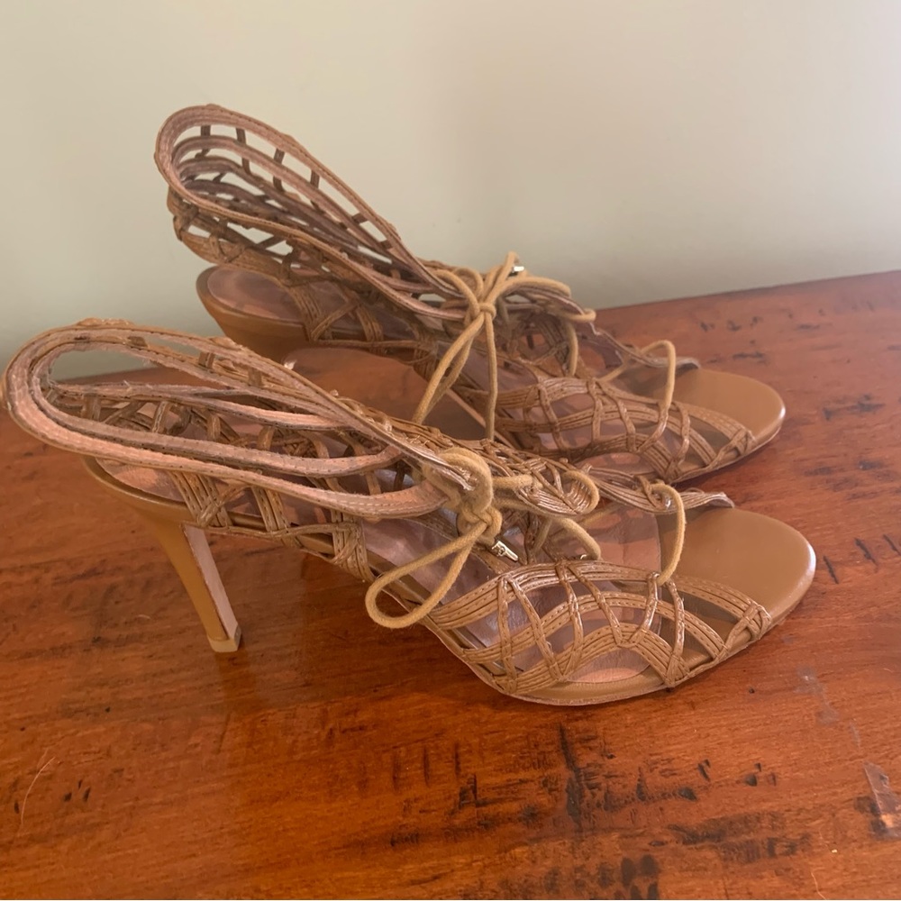 Tan brown leather sandals lace up Joie stiletto heel